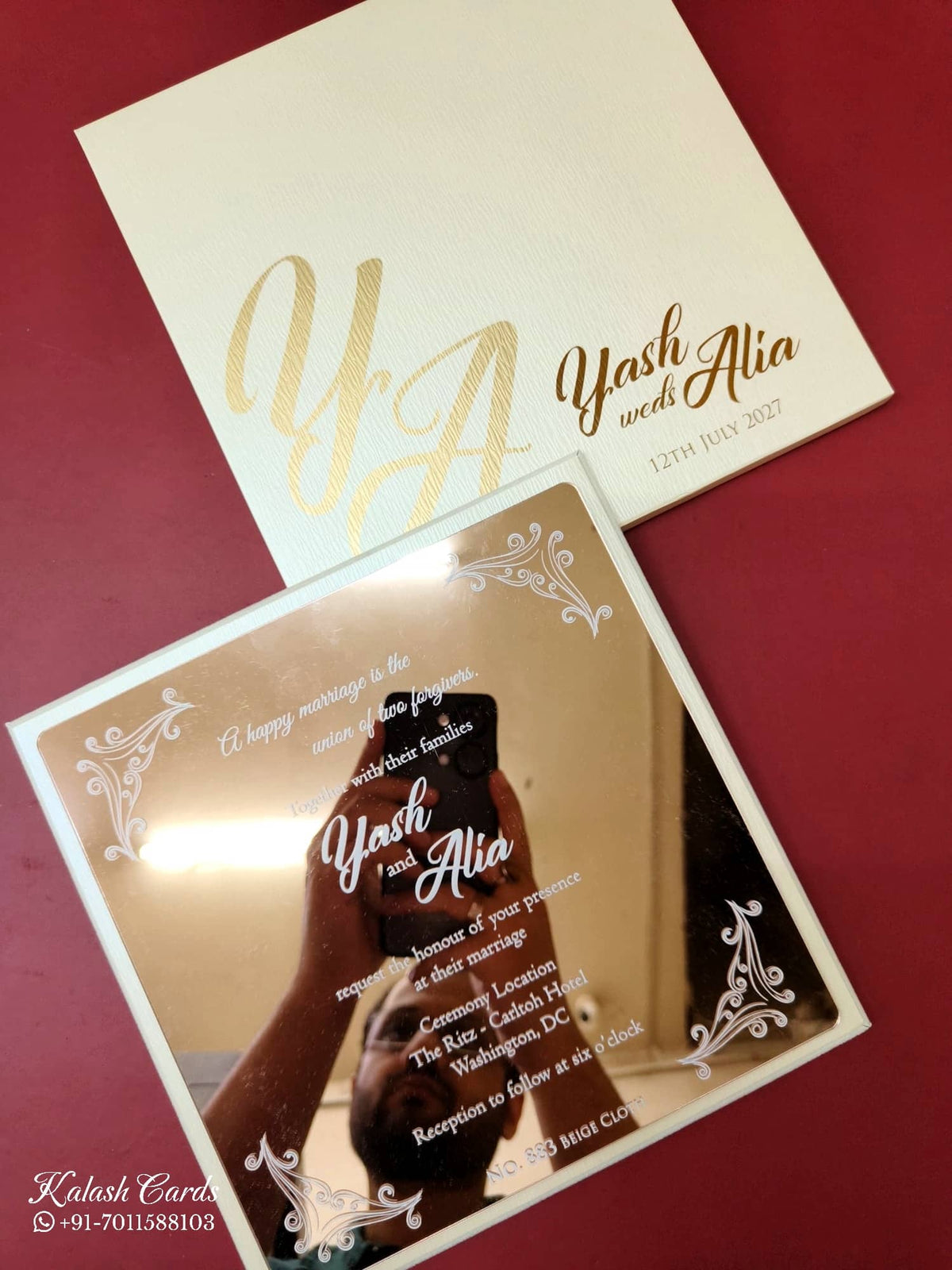 KLB-1106 White Leatherette Velvet Gold Acrylic Wedding Card (1 Page)