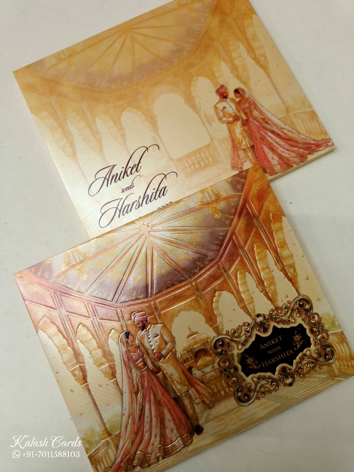 KLB-1107 Orange Bride Groom Embossed Wedding Card (2 Page & Couple Name Acrylic)