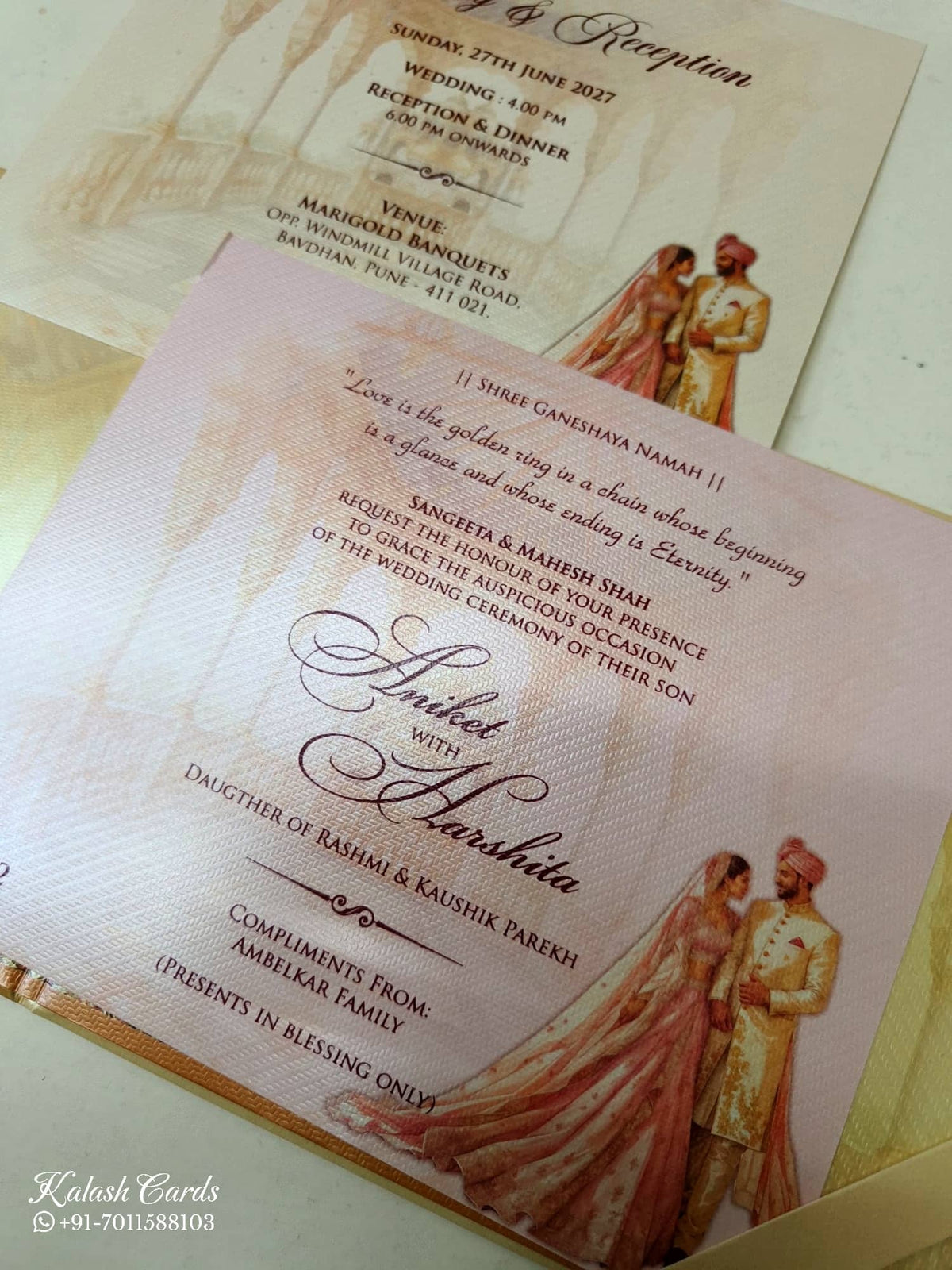 KLB-1107 Orange Bride Groom Embossed Wedding Card (2 Page & Couple Name Acrylic)