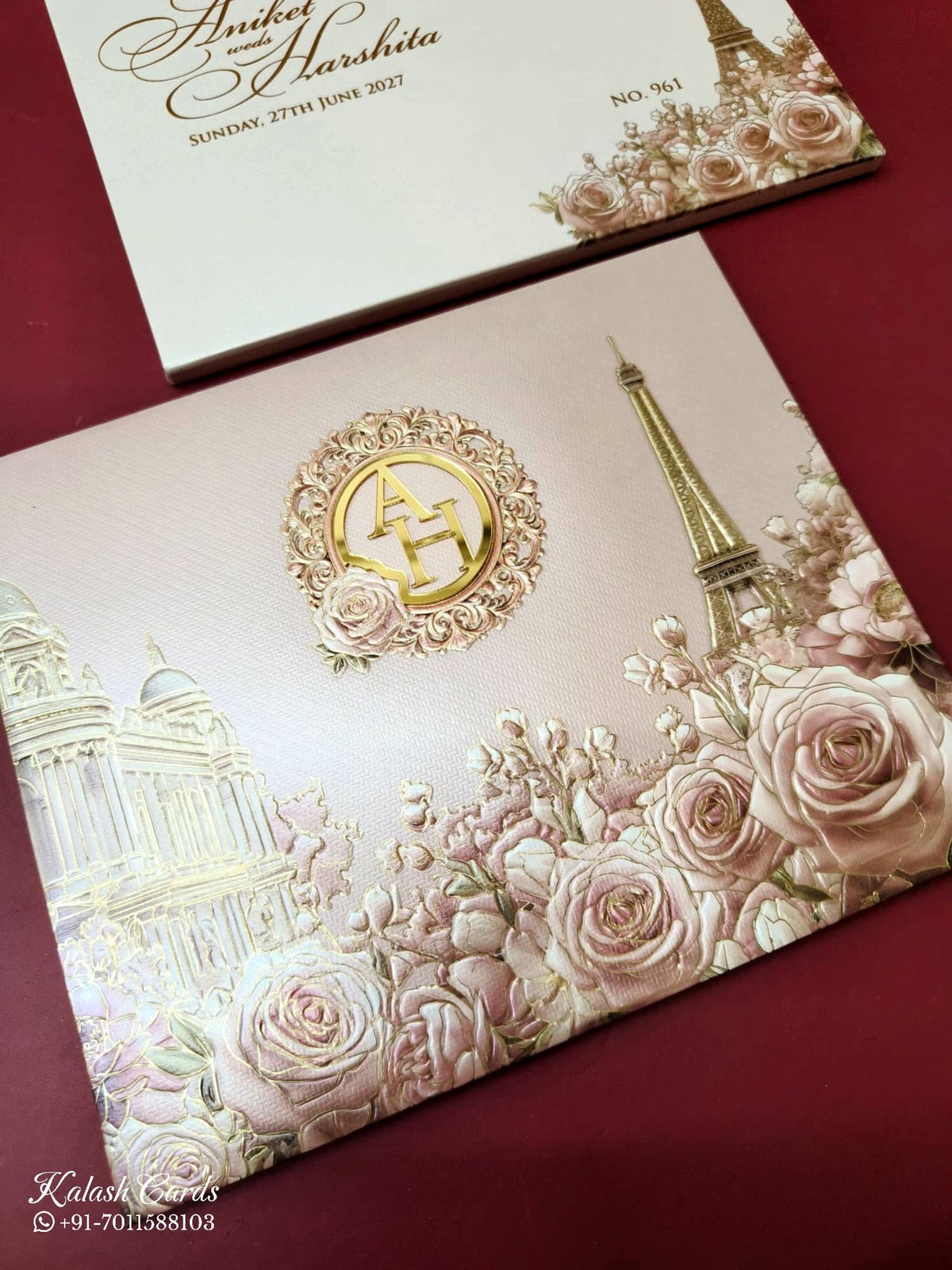 KLB-1108 Pink Floral Embossed Padded Thick Wedding Card (2 Page & Couple Initial Acrylic)