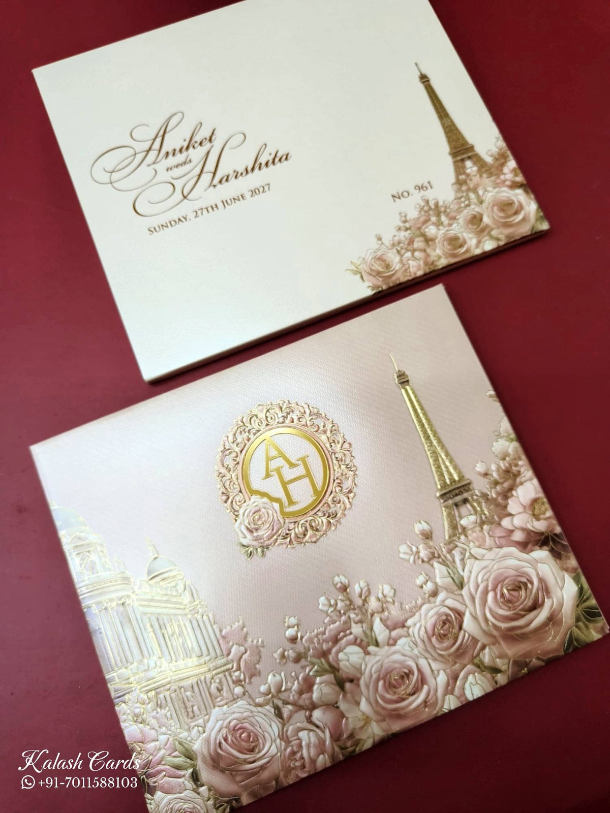 KLB-1108 Pink Floral Embossed Padded Thick Wedding Card (2 Page & Couple Initial Acrylic)