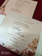 KLB-1108 Pink Floral Embossed Padded Thick Wedding Card (2 Page & Couple Initial Acrylic)