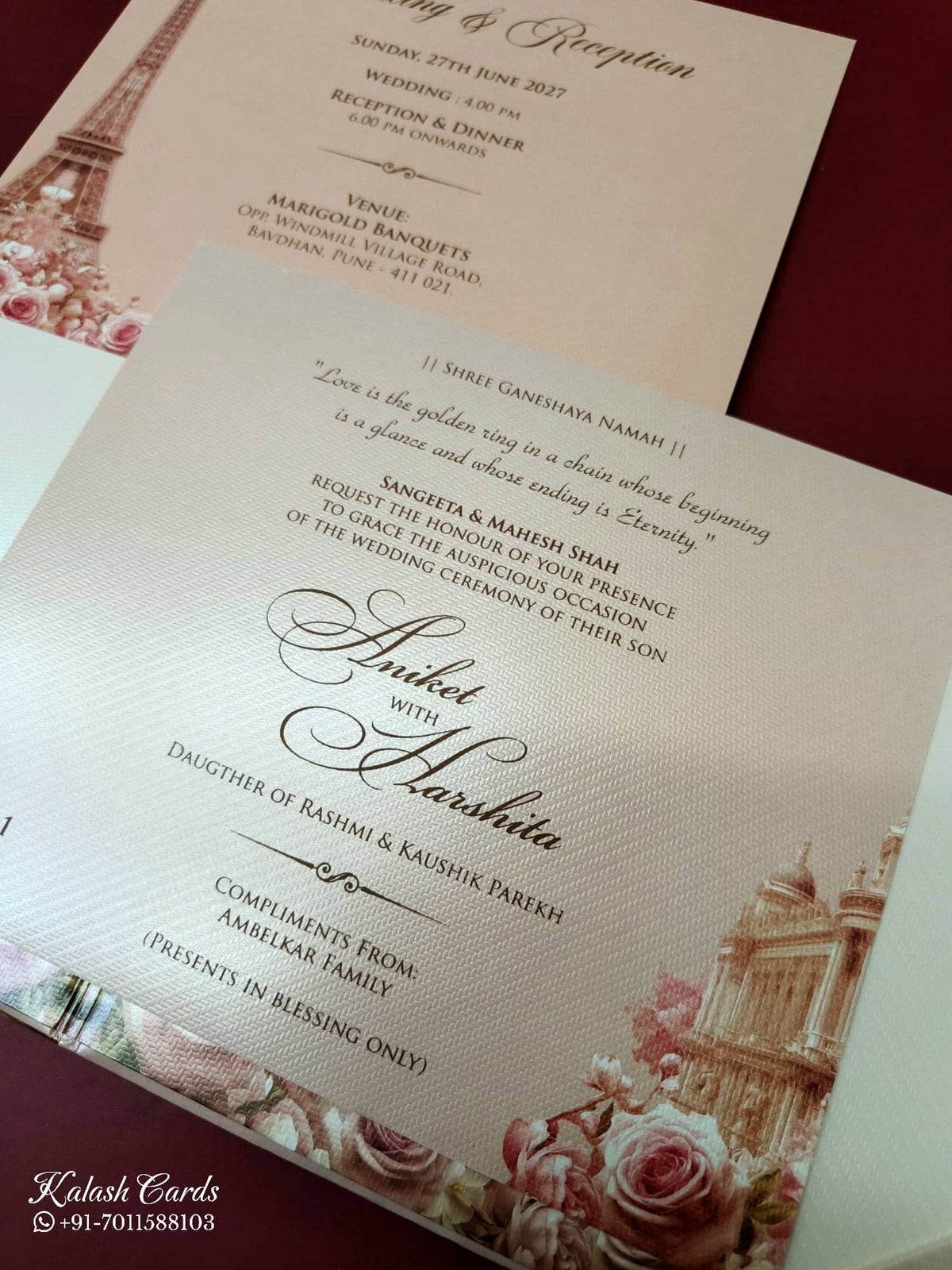 KLB-1108 Pink Floral Embossed Padded Thick Wedding Card (2 Page & Couple Initial Acrylic)