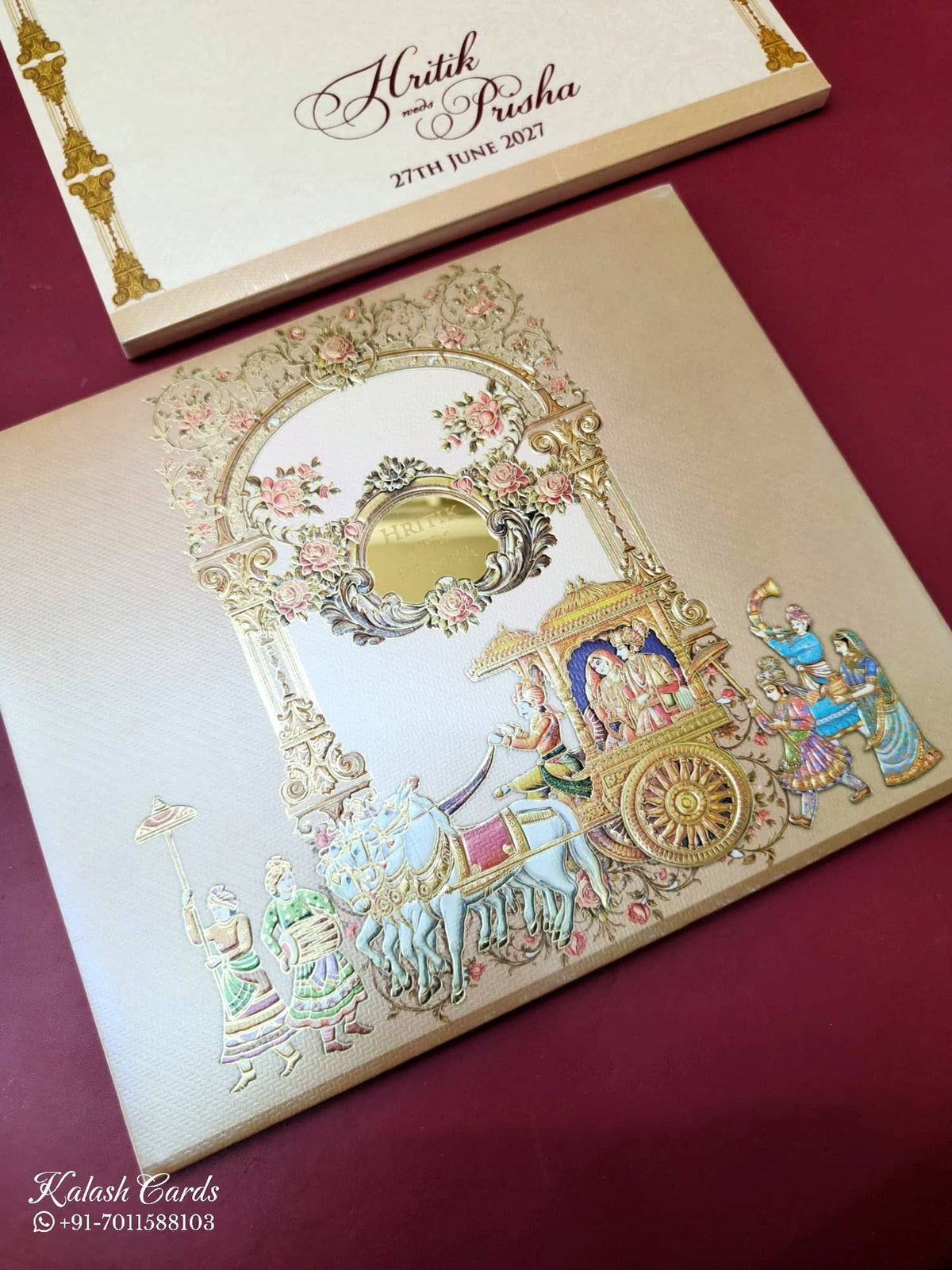 KLB-1109 Peach Barat Embossed Padded Thick Wedding Card (2 Page & Couple Name Acrylic)