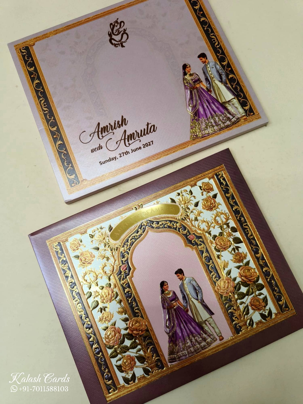 KLB-1112 Purple Bride Groom Embossed Padded Thick Wedding Card (2 Page)