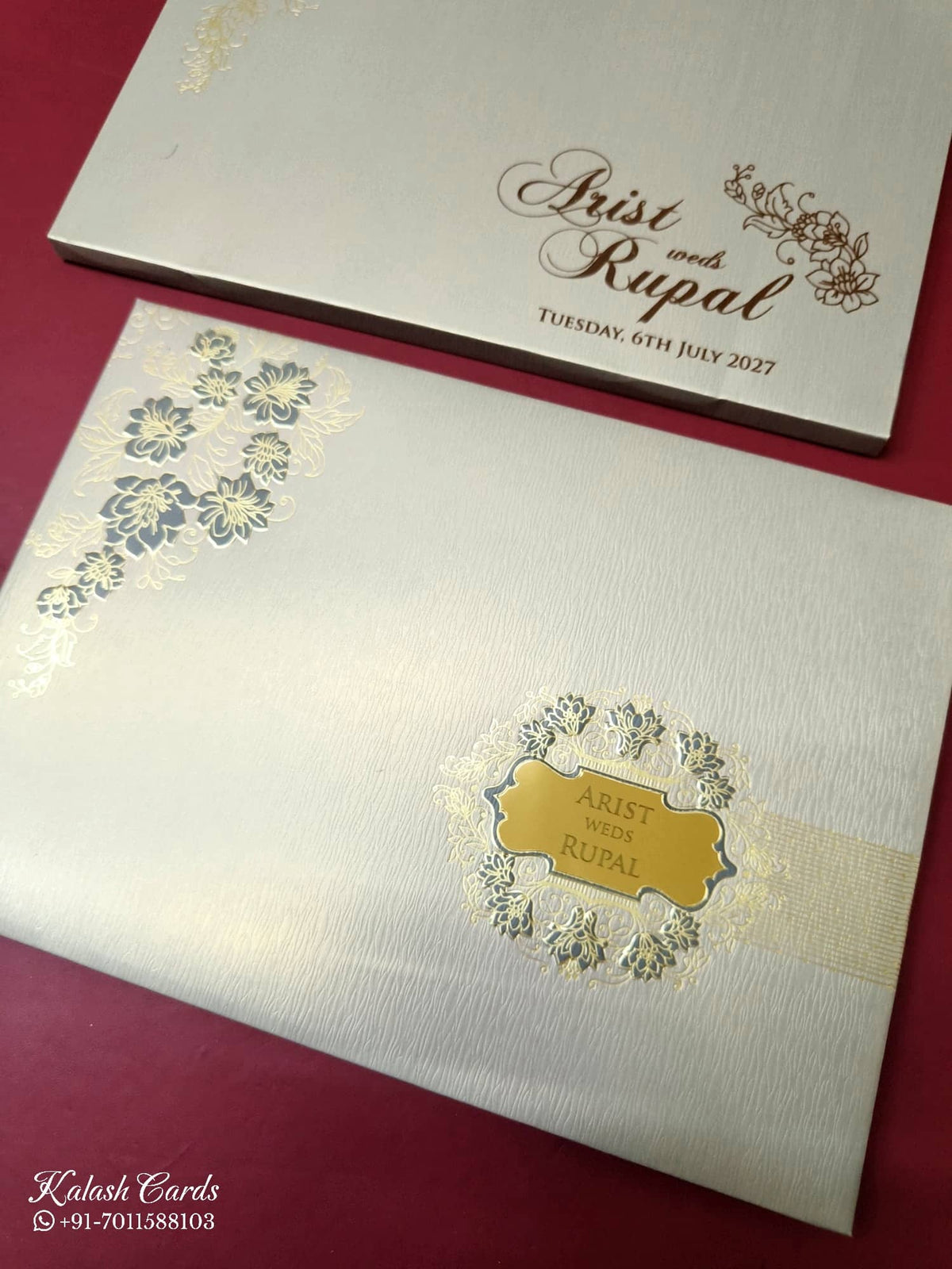 KLB-1115 Golden Floral Padded Thick Wedding Card (2 Page & Couple Name Acrylic)