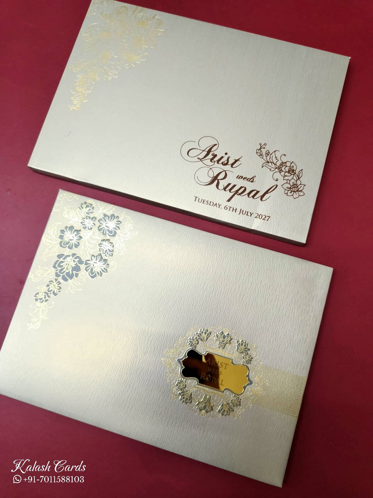 KLB-1115 Golden Floral Padded Thick Wedding Card (2 Page & Couple Name Acrylic)