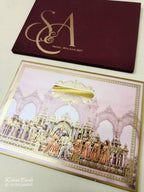 KLB-1118 Maroon Pink Bride Groom Royal Fort Leatherette Embossed Padded Thick Wedding Card (2 Page & Couple Name Acrylic)