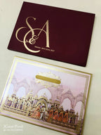 KLB-1118 Maroon Pink Bride Groom Royal Fort Leatherette Embossed Padded Thick Wedding Card (2 Page & Couple Name Acrylic)