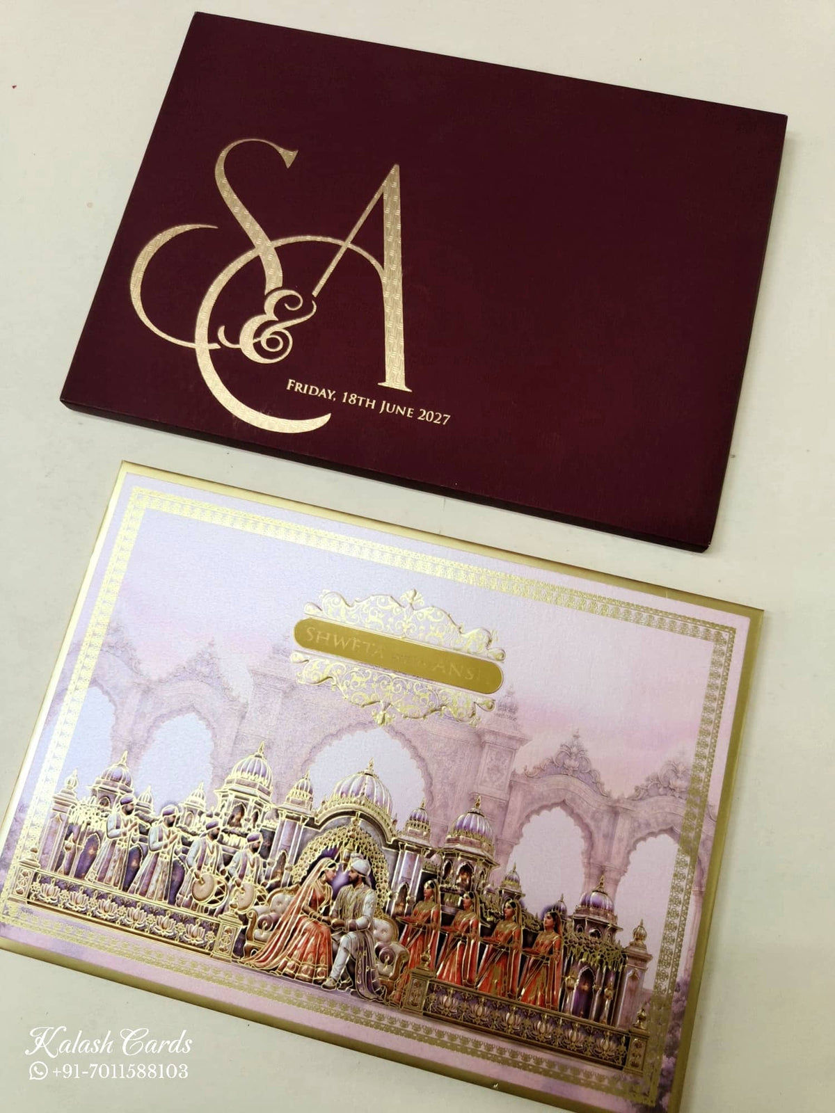 KLB-1118 Maroon Pink Bride Groom Royal Fort Leatherette Embossed Padded Thick Wedding Card (2 Page & Couple Name Acrylic)