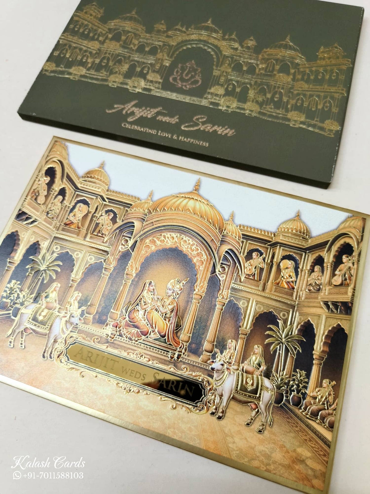 KLB-1119 Green Golden Royal Fort Radha Krishna Leatherette Embossed Padded Thick Wedding Card (2 Page & Couple Name Acrylic)