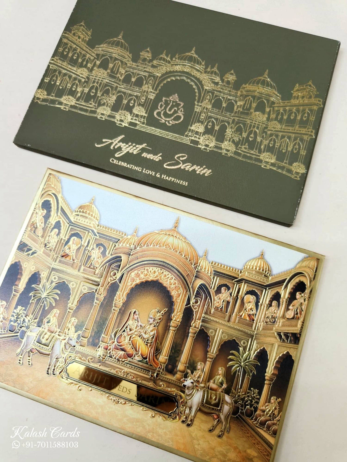 KLB-1119 Green Golden Royal Fort Radha Krishna Leatherette Embossed Padded Thick Wedding Card (2 Page & Couple Name Acrylic)