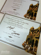 KLB-1119 Green Golden Royal Fort Radha Krishna Leatherette Embossed Padded Thick Wedding Card (2 Page & Couple Name Acrylic)