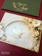 KLB-1120 Creme Green Floral Leatherette Padded Thick Wedding Card (2 Page)