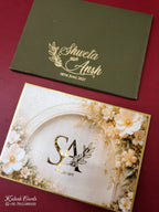 KLB-1120 Creme Green Floral Leatherette Padded Thick Wedding Card (2 Page)