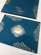 KLB-1121 Blue Floral Leatherette Padded Thick Wedding Card (2 Page & Couple Name Acrylic)