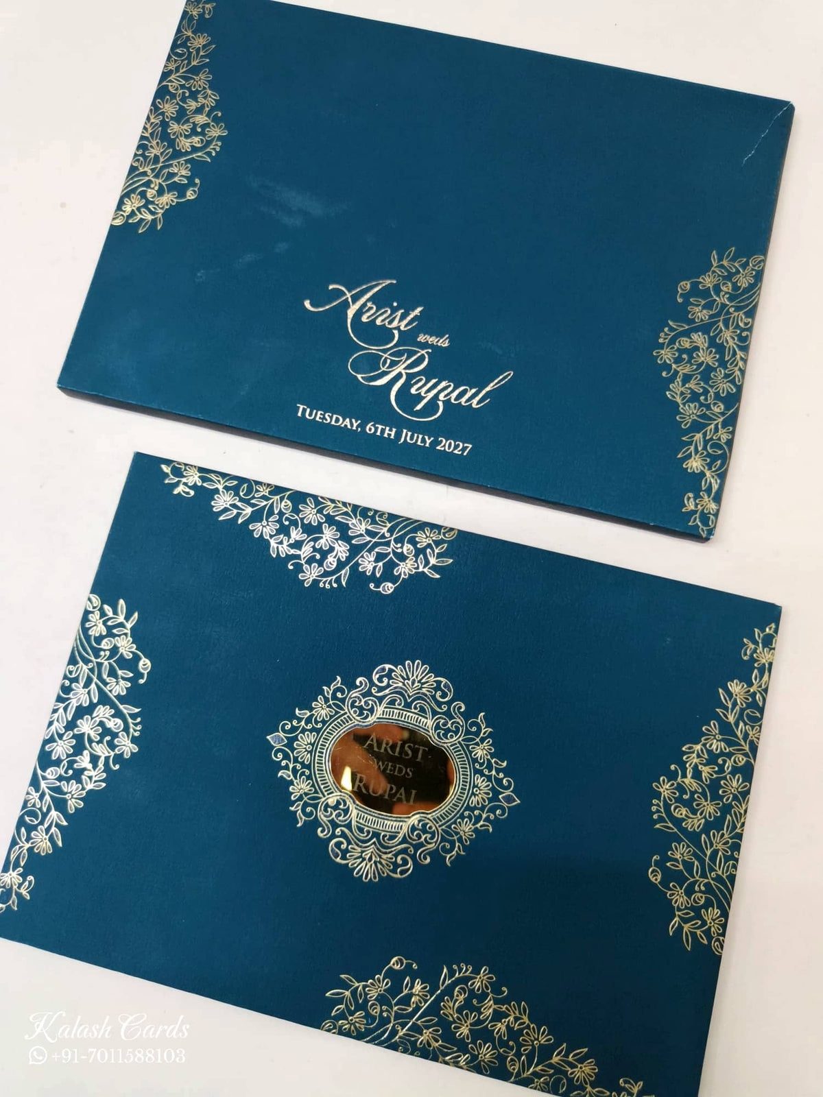 KLB-1121 Blue Floral Leatherette Padded Thick Wedding Card (2 Page & Couple Name Acrylic)