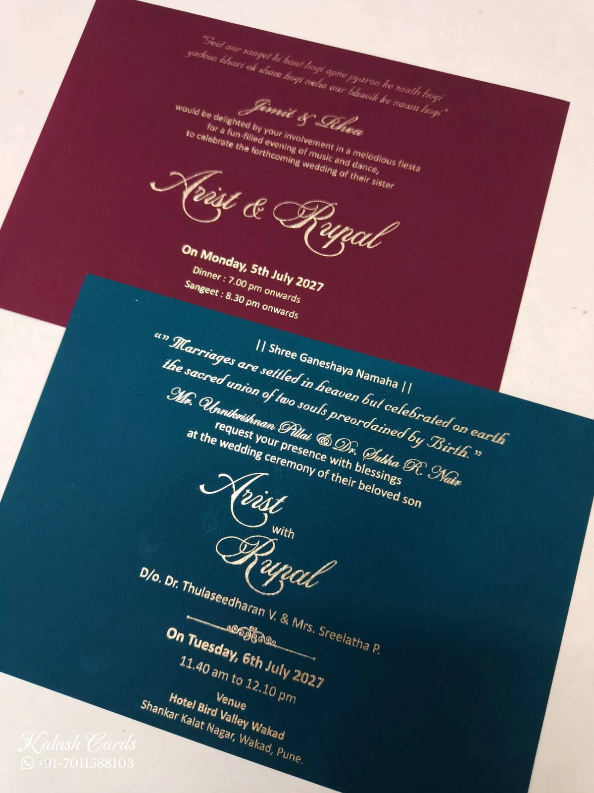 KLB-1121 Blue Floral Leatherette Padded Thick Wedding Card (2 Page & Couple Name Acrylic)