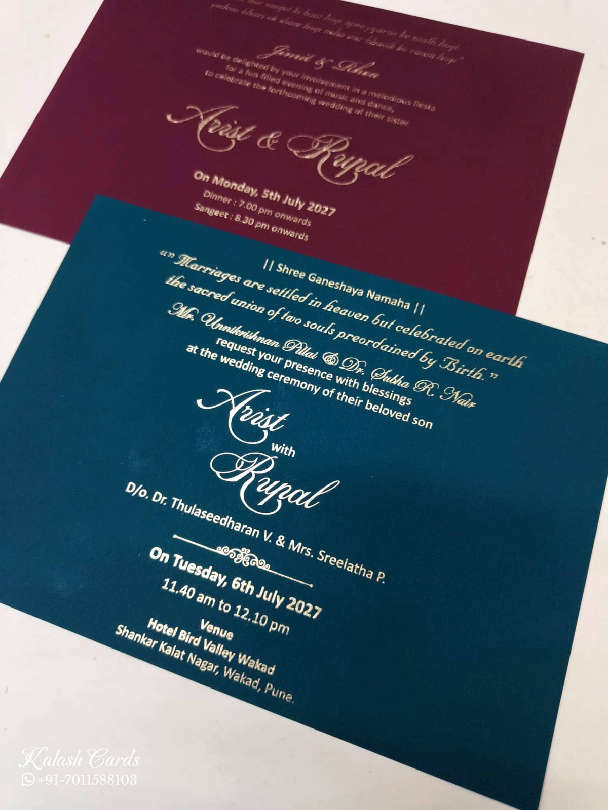 KLB-1121 Blue Floral Leatherette Padded Thick Wedding Card (2 Page & Couple Name Acrylic)