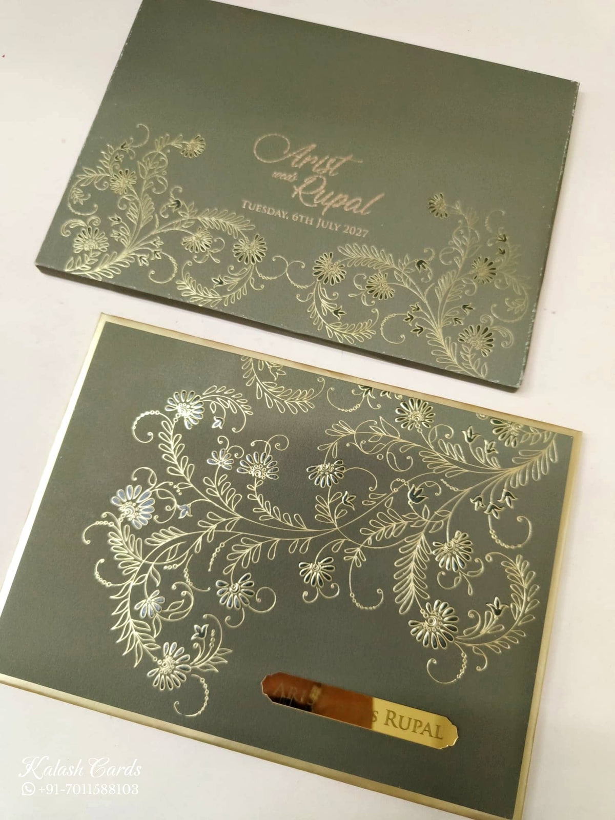 KLB-1122 Green Floral Leatherette Padded Thick Wedding Card (2 Page & Couple Name Acrylic)