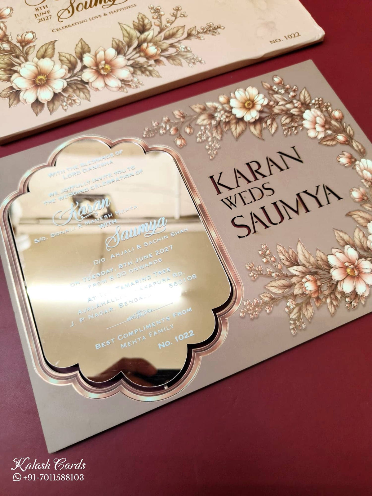 KLB-1123 Peach Floral Gold Acrylic Wedding Card (1 Page)