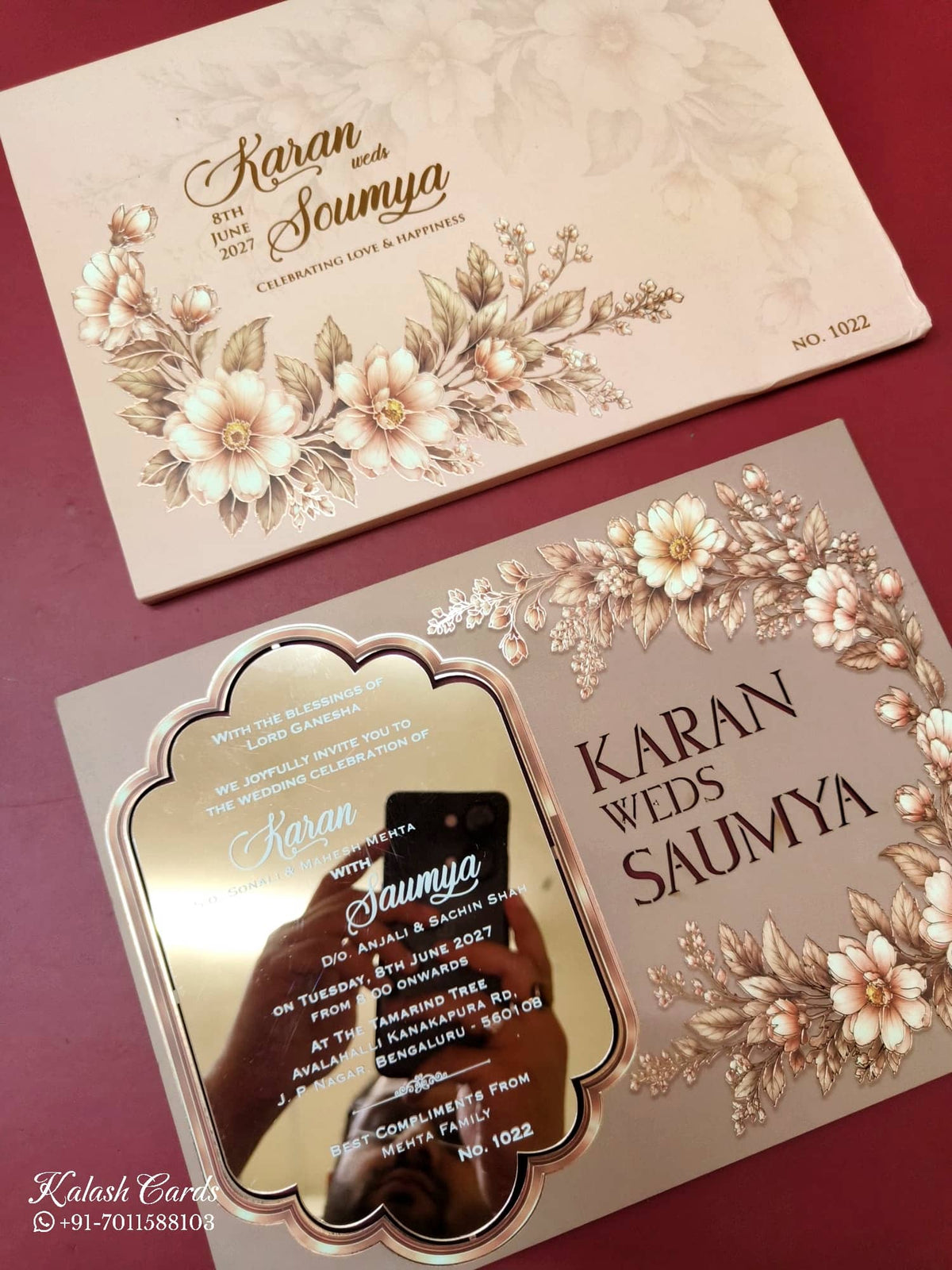 KLB-1123 Peach Floral Gold Acrylic Wedding Card (1 Page)