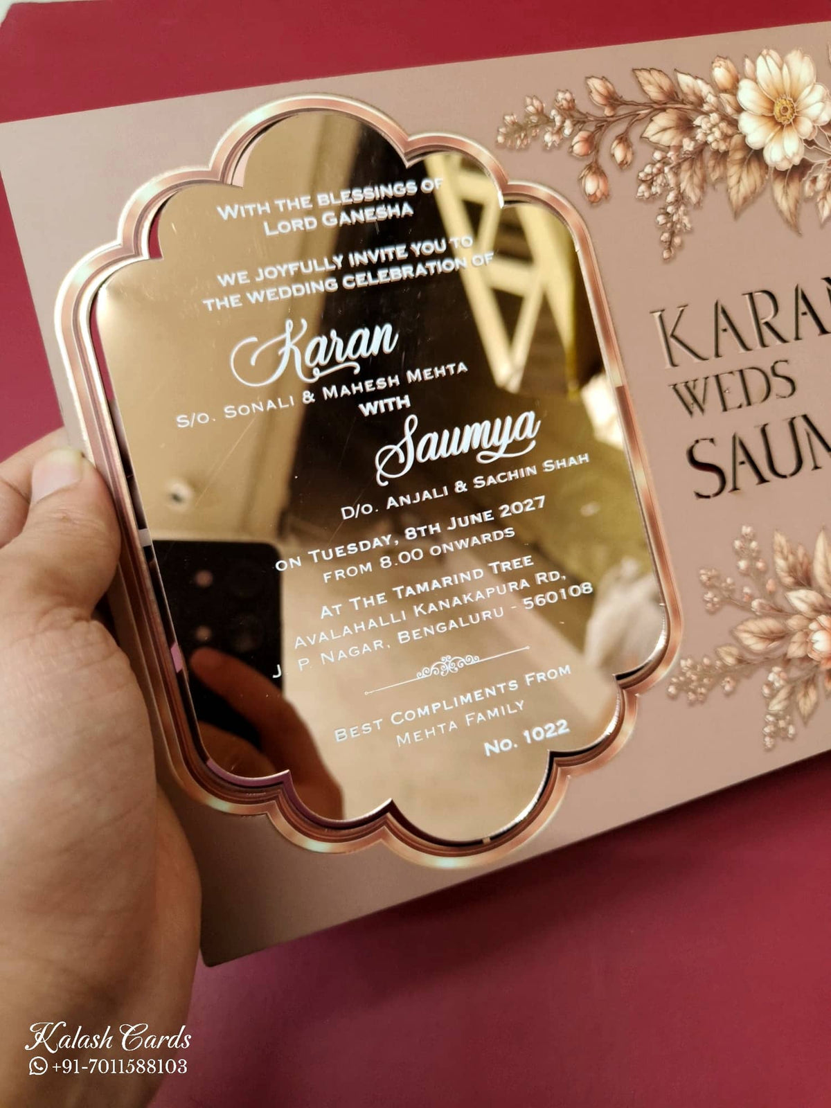KLB-1123 Peach Floral Gold Acrylic Wedding Card (1 Page)