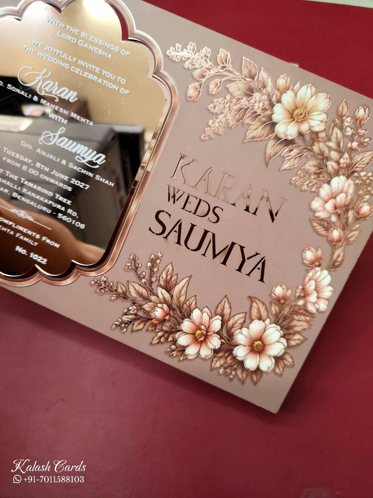 KLB-1123 Peach Floral Gold Acrylic Wedding Card (1 Page)
