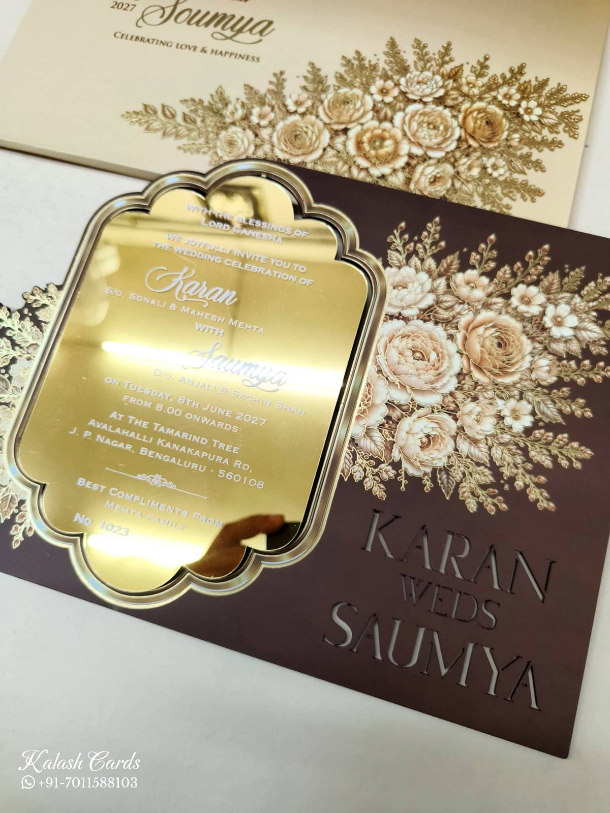 KLB-1124 Creme Brown Floral Gold Acrylic Wedding Card (1 Page)-Kalash Cards