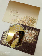 KLB-1124 Creme Brown Floral Gold Acrylic Wedding Card (1 Page)-Kalash Cards