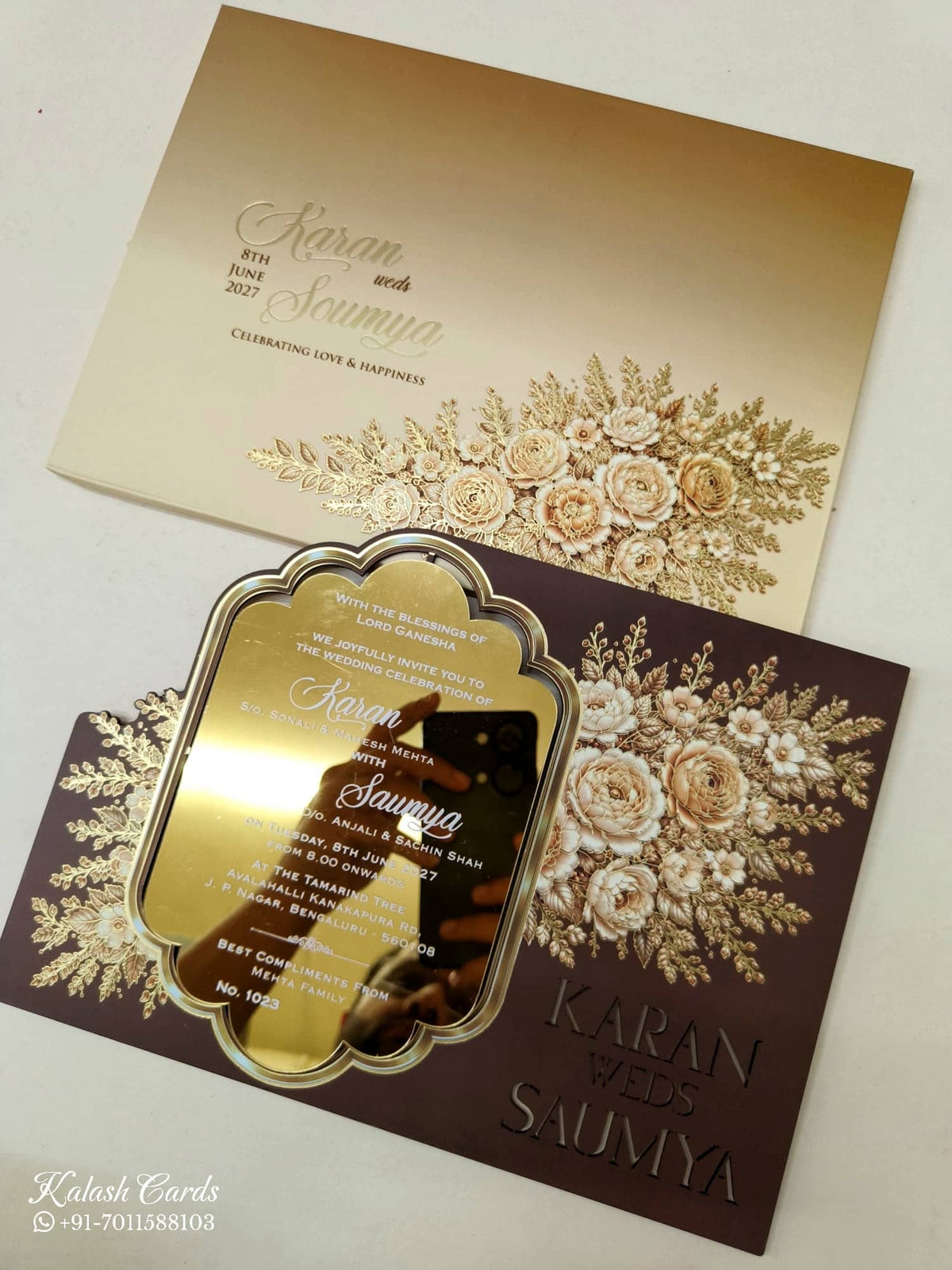 KLB-1124 Creme Brown Floral Gold Acrylic Wedding Card (1 Page)-Kalash Cards