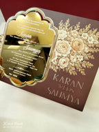 KLB-1124 Creme Brown Floral Gold Acrylic Wedding Card (1 Page)-Kalash Cards