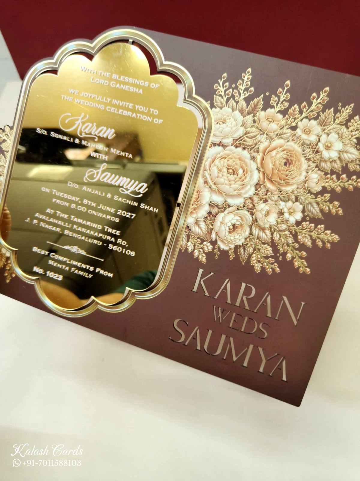 KLB-1124 Creme Brown Floral Gold Acrylic Wedding Card (1 Page)-Kalash Cards