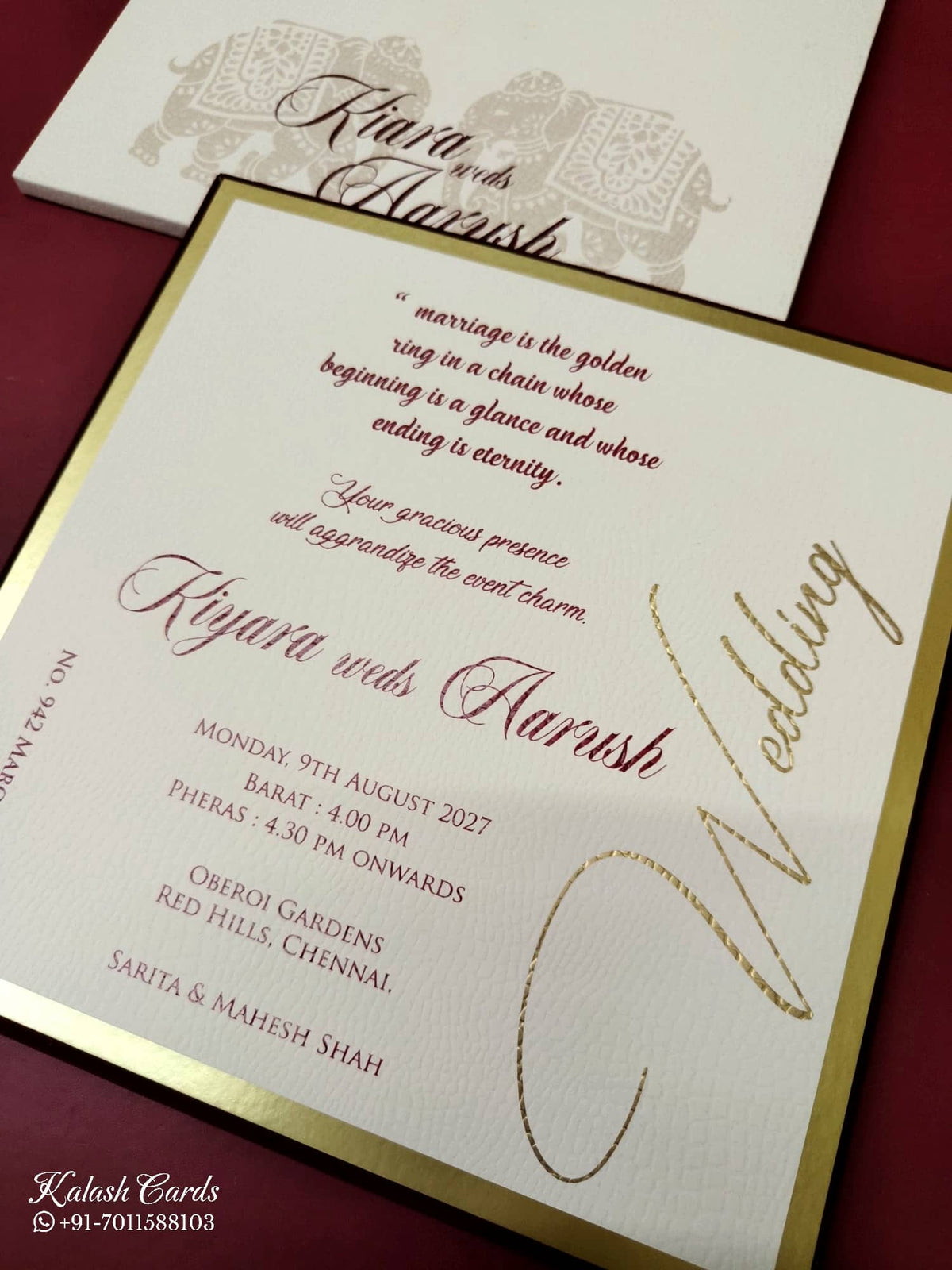 KLB-1125 White Maroon Leatherette Velvet Wedding Card (1 Page)