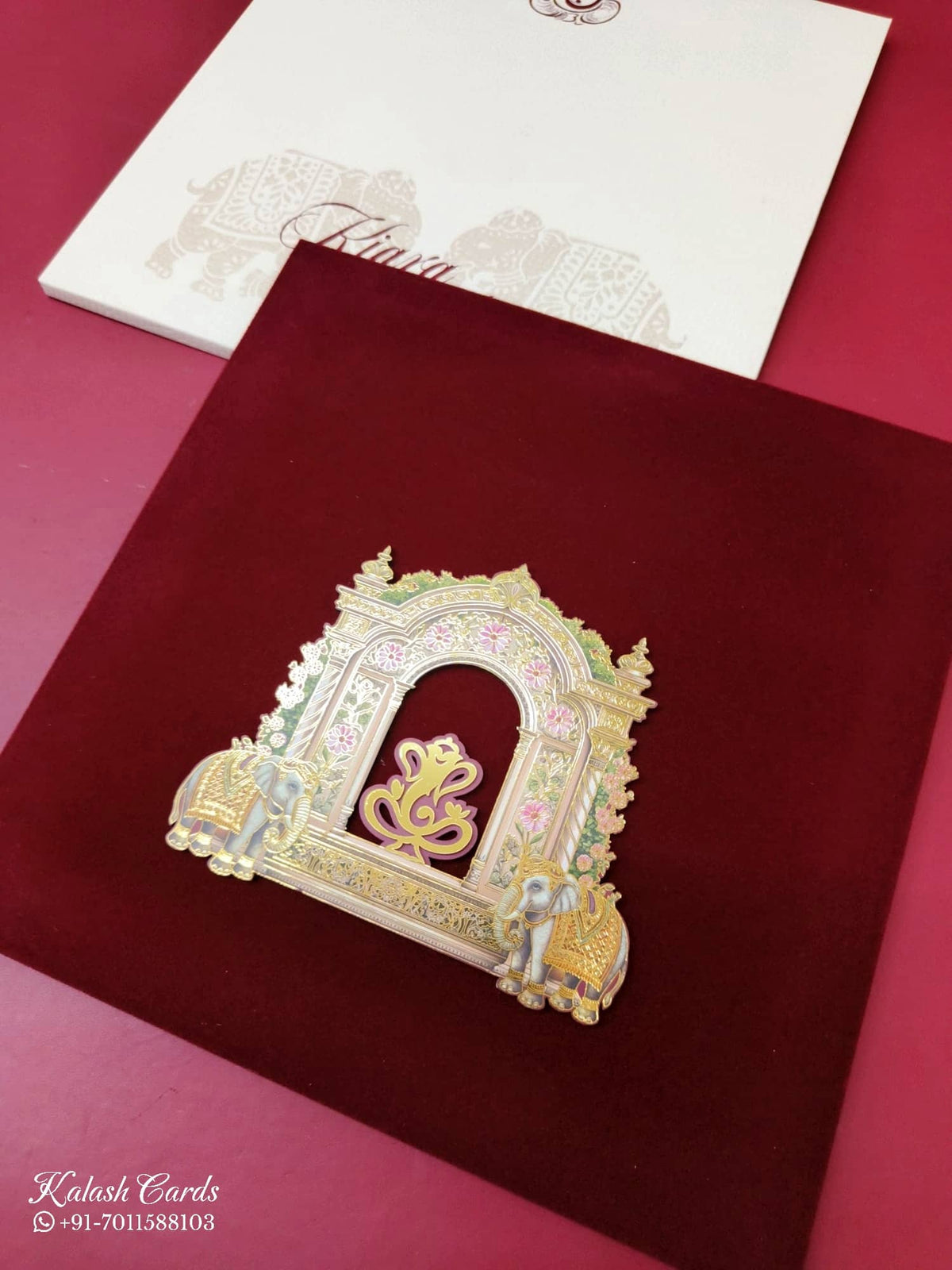 KLB-1125 White Maroon Leatherette Velvet Wedding Card (1 Page)