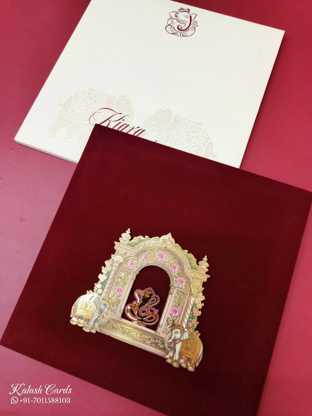 KLB-1125 White Maroon Leatherette Velvet Wedding Card (1 Page)