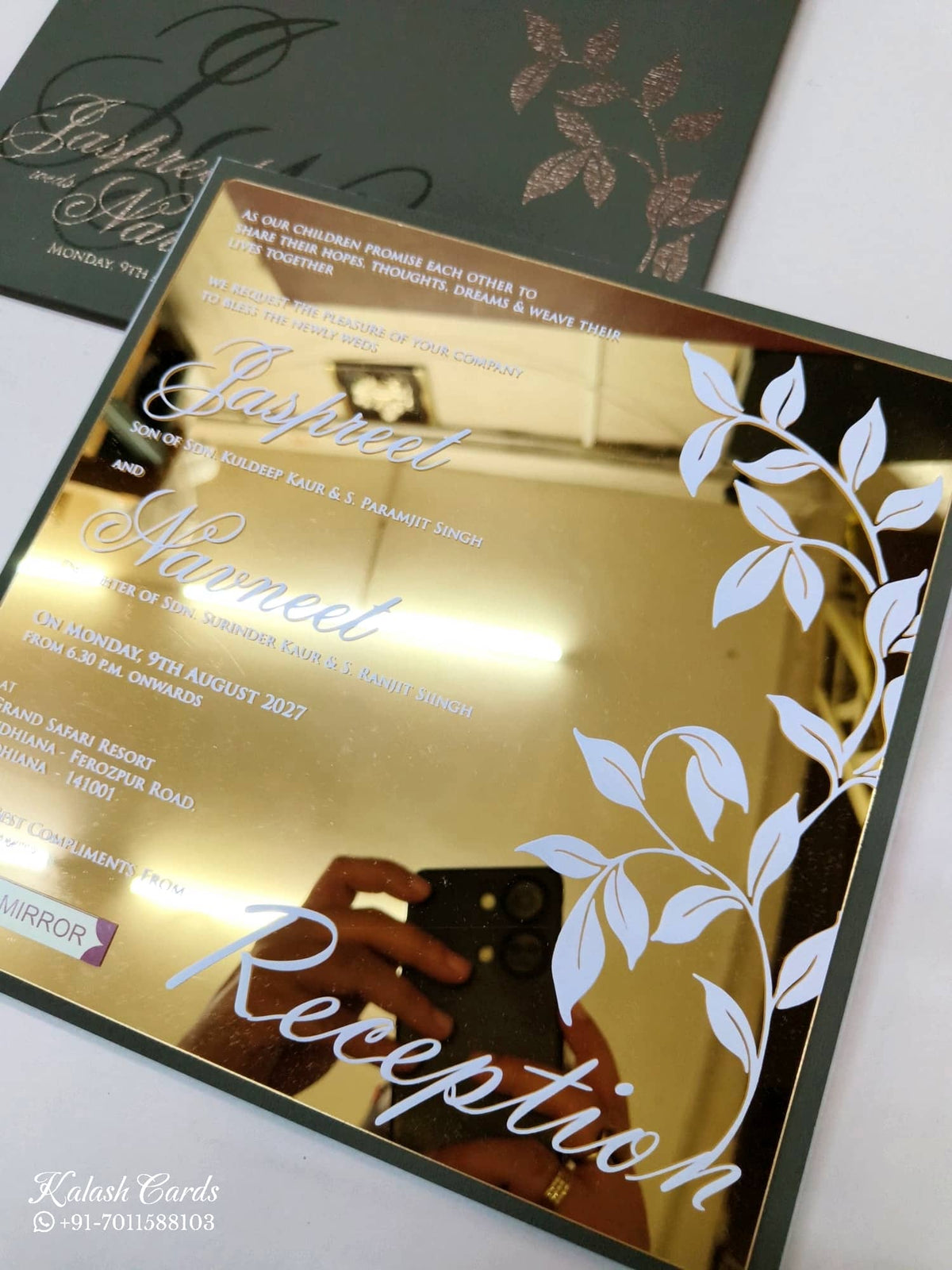 KLB-1126 Green Floral Gold Acrylic Padded Thick Wedding Card (1 Page)