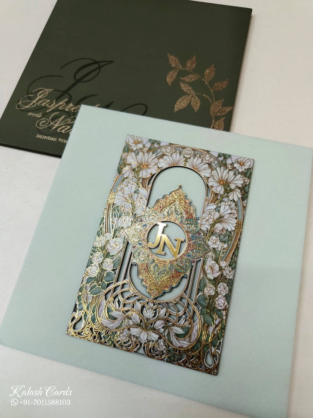 KLB-1126 Green Floral Gold Acrylic Padded Thick Wedding Card (1 Page)