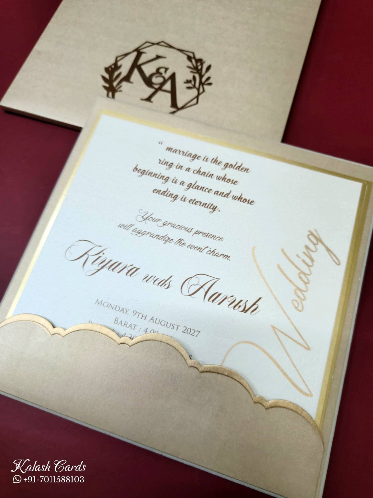 KLB-1127 White Golden Velvet Padded Thick Wedding Card (2 Page)