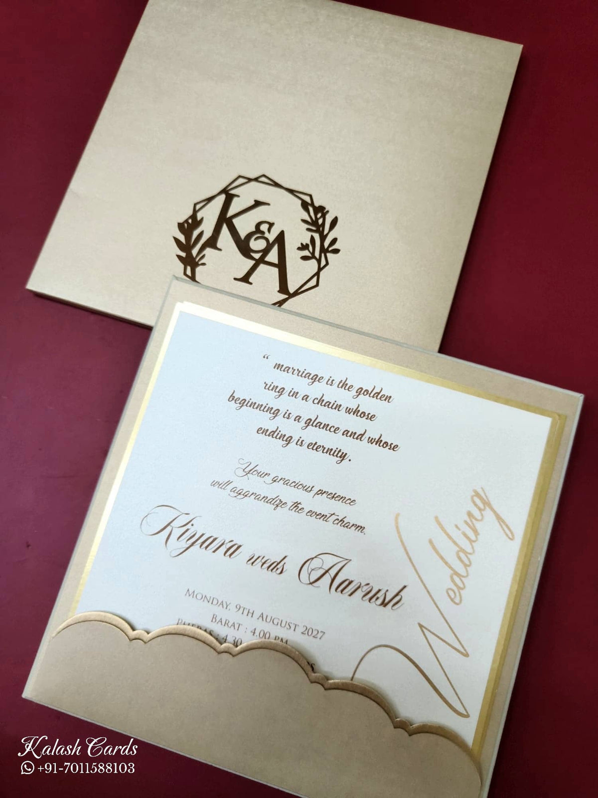 KLB-1127 White Golden Velvet Padded Thick Wedding Card (2 Page)