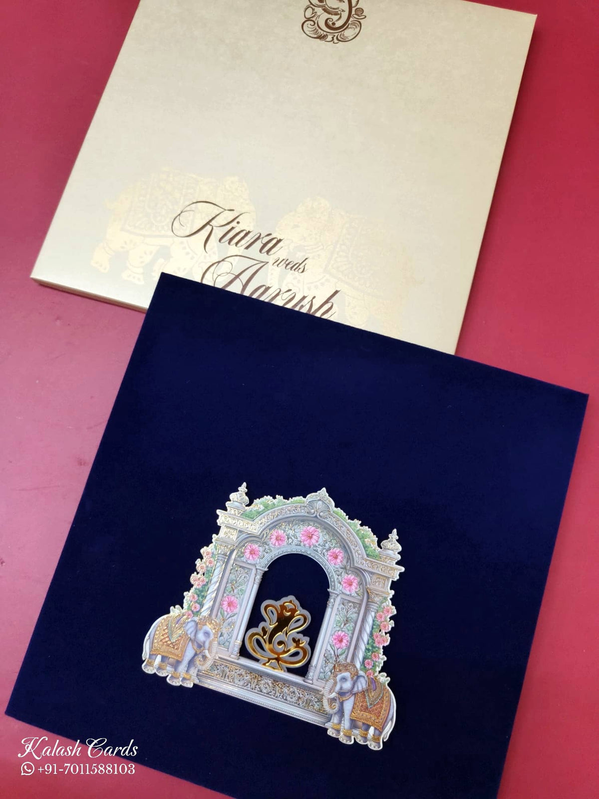 KLB-1128 White Royal Blue Brown Velvet Padded Thick Wedding Card (1 Page)