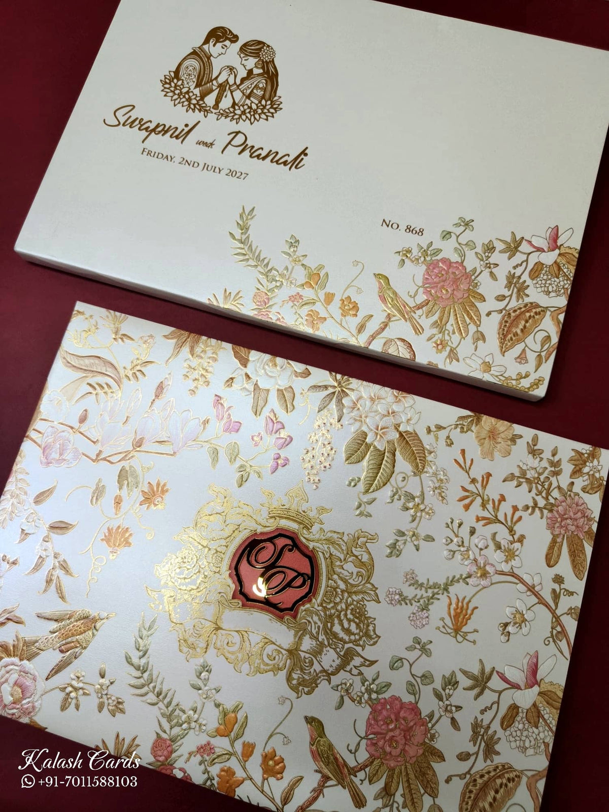 KLB-1129 White Floral Padded Thick Wedding Card (2 Page & Couple Name Acrylic)