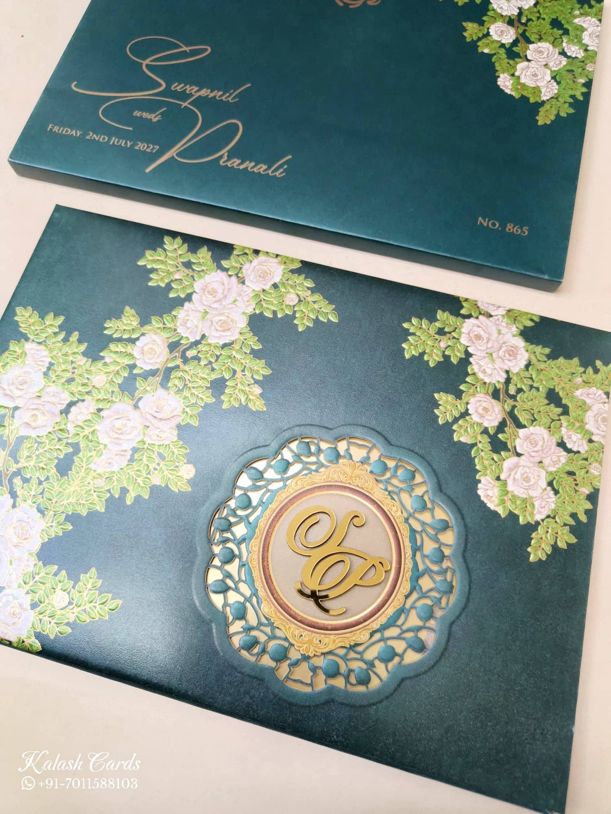 KLB-1130 Green Floral Laser Cut Padded Thick Wedding Card (2 Page & Couple Initial Acrylic)