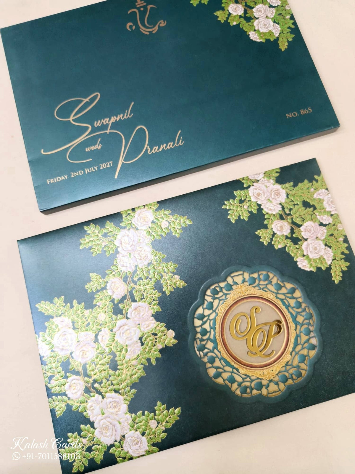 KLB-1130 Green Floral Laser Cut Padded Thick Wedding Card (2 Page & Couple Initial Acrylic)