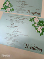 KLB-1130 Green Floral Laser Cut Padded Thick Wedding Card (2 Page & Couple Initial Acrylic)