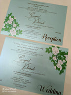 KLB-1130 Green Floral Laser Cut Padded Thick Wedding Card (2 Page & Couple Initial Acrylic)