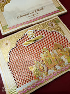 KLB-1131 White Peach Lotus Barat Laser Cut Padded Thick Wedding Card (2 Page & Couple Name Acrylic)-Kalash Cards