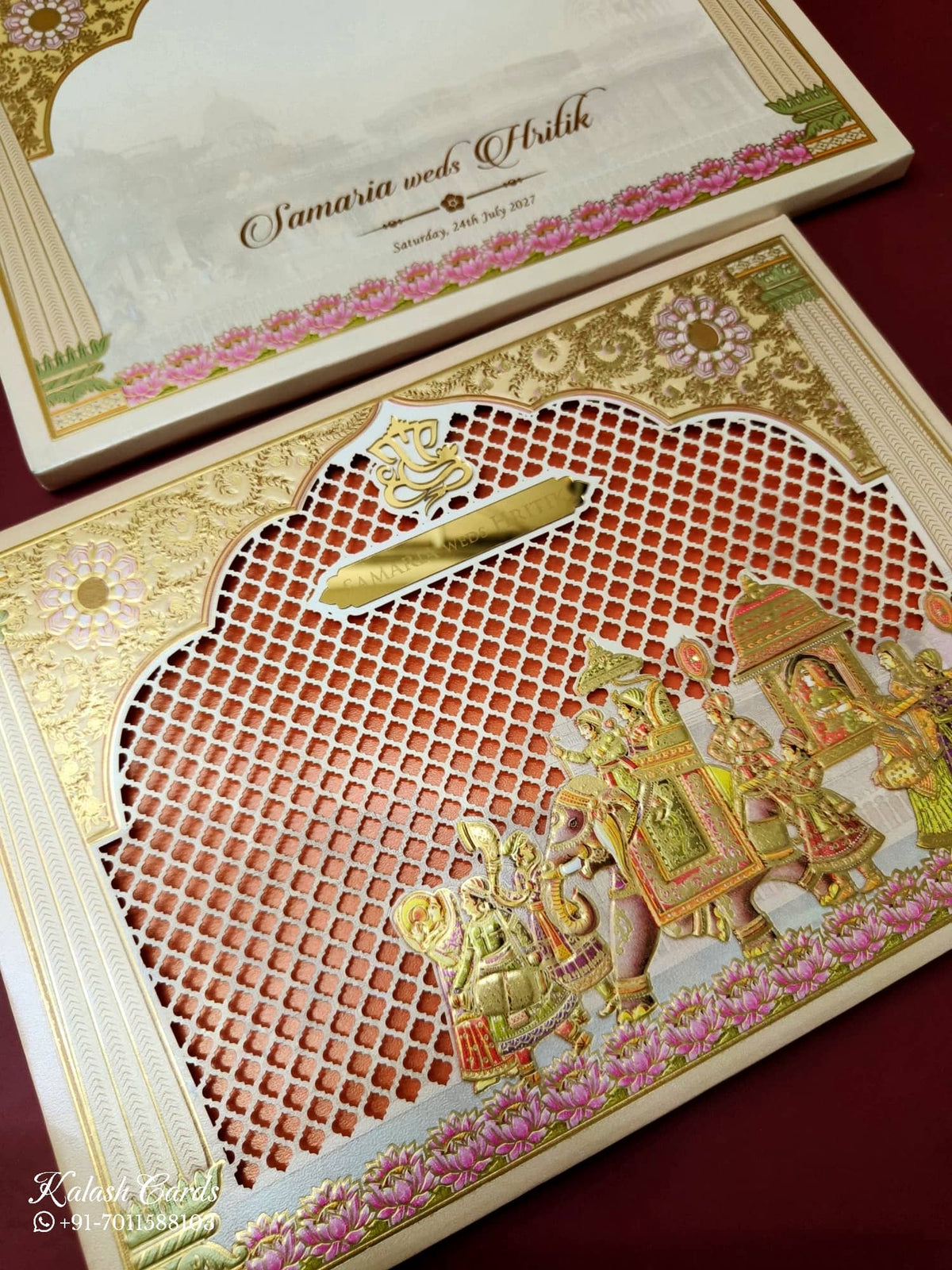 KLB-1131 White Peach Lotus Barat Laser Cut Padded Thick Wedding Card (2 Page & Couple Name Acrylic)-Kalash Cards