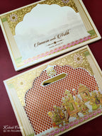KLB-1131 White Peach Lotus Barat Laser Cut Padded Thick Wedding Card (2 Page & Couple Name Acrylic)-Kalash Cards