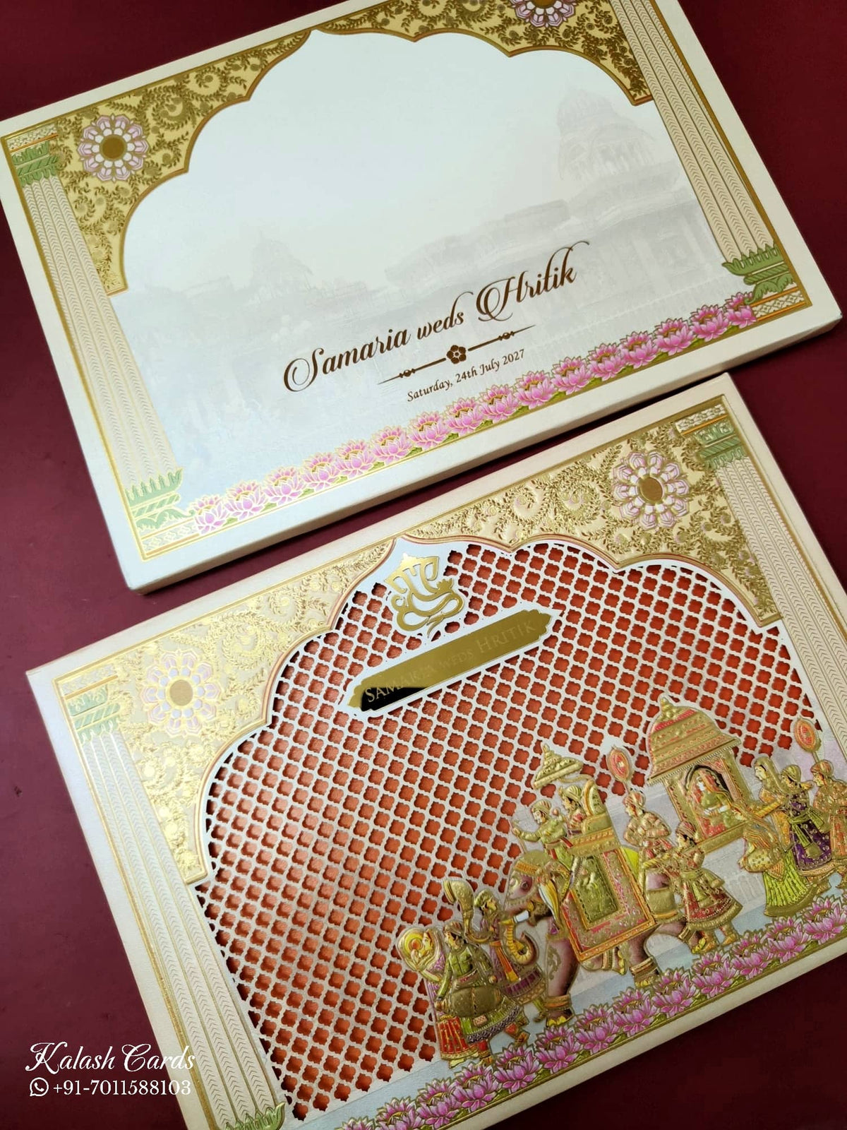 KLB-1131 White Peach Lotus Barat Laser Cut Padded Thick Wedding Card (2 Page & Couple Name Acrylic)-Kalash Cards